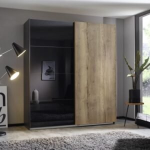 Rauch Halifax 181cm Glass Basalt and Oak 2 Door Sliding Wardrobe - Metallic Grey Carcase