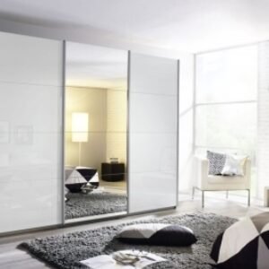 Rauch Kulmbach 203cm High Polish White 3 Door Mirror Sliding Wardrobe - Grey Metallic Carcase