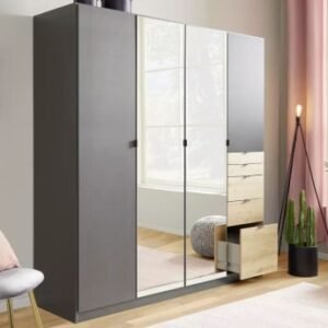 Rauch Ontario 181cm Metallic Grey and Artisan Oak 4 Door Combi Wardrobe