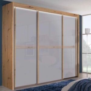 Rauch Ravello 225cm Silk Grey Glass 3 Door Sliding Wardrobe - Oak Carcase