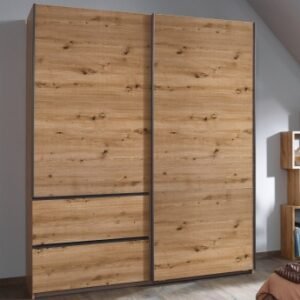 Rauch Sevilla 175cm Artisan Oak 2 Door Sliding Wardrobe with Drawers - Metallic Grey Handle Strips