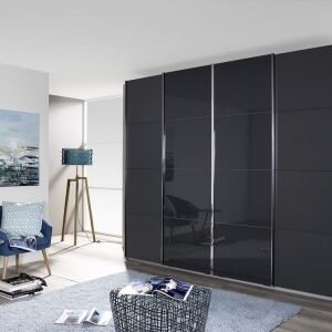 Rauch Syncrono 316cm Metallic Grey and Basalt Glass 4 Door Sliding Wardrobe