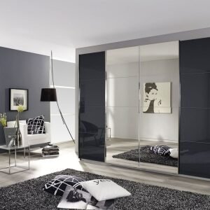 Rauch Syncrono 361cm Black Glass 4 Door Mirror Sliding Wardrobe - Metallic Grey Carcase