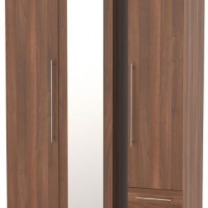 Sherwood Walnut Effect 3 Door Tall Combi Wardrobe - 1 Mirror and RHF 2 Drawers