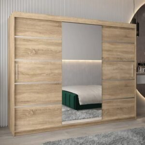 Vevey II Mirrored Wardrobe 3 Sliding Doors 250cm In Sonoma Oak