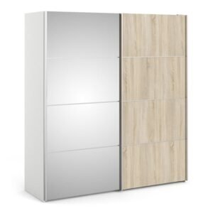 Vrok Mirrored Sliding Doors Wardrobe With 2 Shelves In White Oak