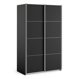 Vrok Wooden Sliding Doors Wardrobe With 5 Shelves In Matt Black