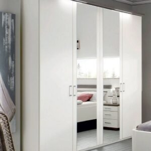 Wiemann Jura 200cm White 4 Door Mirror Wardrobe and Dark Rustic Oak Cornice