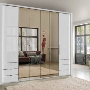 Wiemann Kansas 250cm White Glass 6 Door Bi-Fold Combi Wardrobe