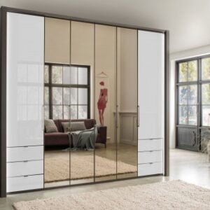 Wiemann Kansas 250cm White Glass 6 Door Bi-Fold Combi Wardrobe - Havana Carcase