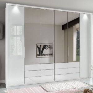 Wiemann Kansas 300cm White Glass 6 Door Bi-Fold Combi Wardrobe