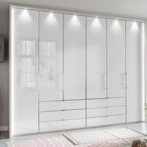 Wiemann Kansas 300cm White Glass 6 Door Bi-Fold Wardrobe with Drawers - Champagne Carcase