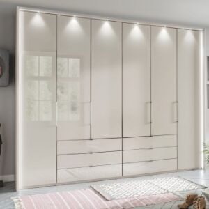 Wiemann Kansas 6 Door Bi-Fold Wardrobe in Champagne Glass with 6 Center Drawers