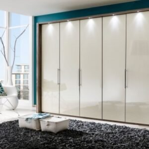 Wiemann Loft 5 Door Bi Fold Wardrobe in Magnolia Glass and Oak Carcase