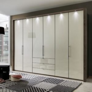 Wiemann Loft 6 Door Bi Fold Wardrobe in Magnolia Glass and Oak Carcase with 3 Drawers