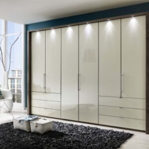 Wiemann Loft 6 Door Bi Fold Wardrobe in Magnolia Glass and Oak Carcase with 6 Drawers