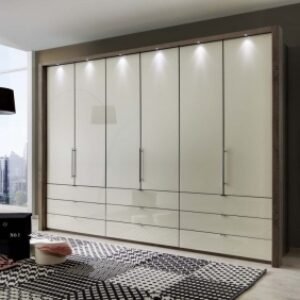 Wiemann Loft 6 Door Bi Fold Wardrobe in Magnolia Glass and Oak Carcase with 9 Drawers