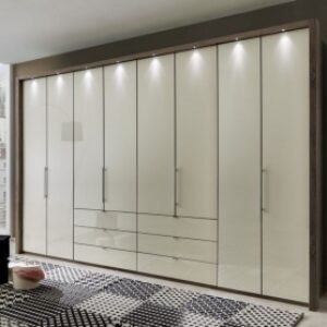 Wiemann Loft 8 Door Bi Fold Wardrobe in Magnolia Glass and Oak Carcase with 6 Centre Drawers