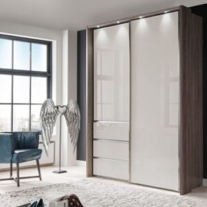 Wiemann Malibu 2 Door Sliding Wardrobe in Champagne Glass and Oak Carcase