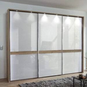 Wiemann Rialto 280cm White Glass and Oak Trim 3 Door Sliding Wardrobe