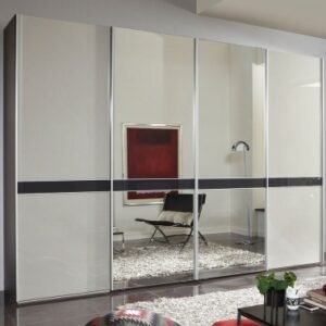 Wiemann Rialto 300cm White Glass and Graphite Trim 4 Door Mirror Sliding Wardrobe