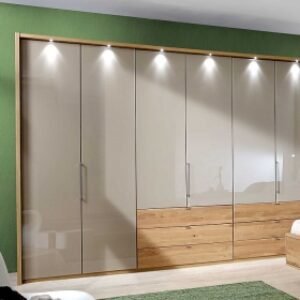 Wiemann Serena 6 Door Bi Fold Wardrobe in Oak and Champagne Glass with RH 6 Drawers