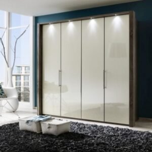 Wiemann VIP Loft 200cm Magnolia Glass 4 Door Bi Fold Wardrobe - Oak Carcase