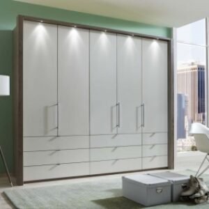 Wiemann VIP Loft 250cm Grey Glass 5 Door Bi Fold Wardrobe with Drawers - Oak Carcase