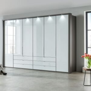 Wiemann VIP Loft 300cm White Glass 6 Door Bi Fold Wardrobe - Oak Carcase