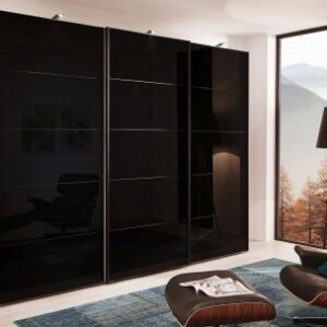 Wiemann VIP Westside 300cm Black Glass 3 Door Sliding Wardrobe - Havana Carcase