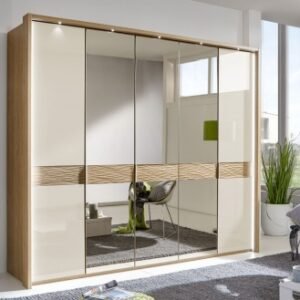 Wiemann Wega 250cm Oak and Champagne Glass 5 Door Mirror Wardrobe