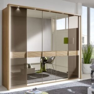 Wiemann Wega 250cm Oak and Havana Glass 5 Door Mirror Wardrobe