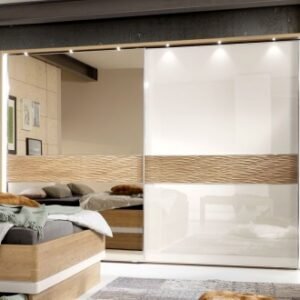 Wiemann Wega 300cm Oak and Champagne Glass 2 Door Mirror Sliding Wardrobe - LH