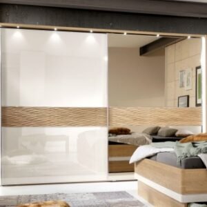 Wiemann Wega 300cm Oak and Champagne Glass 2 Door Mirror Sliding Wardrobe - RH