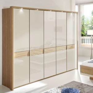 Wiemann Wega 5 Door Wardrobe in Oak and Champagne Glass